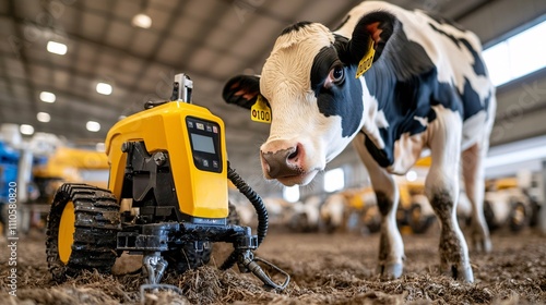 Dairy farming system concept. A cow interacts with a yellow robotic device in a modern agricultural setting. photo