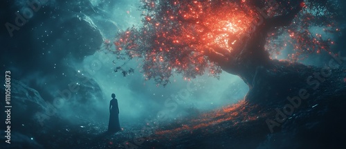 Captivating digital depicting a silhouetted human figure standing amidst a fantastical glowing forest landscape with fiery sparking effects and a dramatic atmospheric night sky backdrop