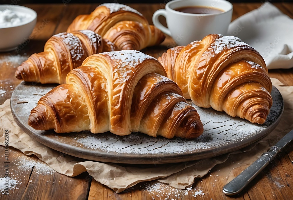 Freshly baked croissants dusted with powdered sugar served with a cup of coffee, creating an inviting breakfast scene Freshly baked croissants dusted with powdered sugar served with a cup of coffee, creating an inviting breakfast scene