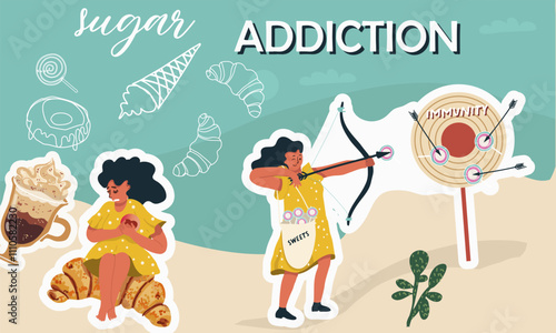 Sugar addiction composition with collage of doodle female character,shooting arrows from a bow at his immune system, heart attack, sitting on a croissant, vector hand drawn illustration.