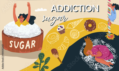 Sugar addiction composition with collage of female character, drowning in a pile of sugar, sucking his thumb in the fetal position, a metaphor for addiction, vector hand drawn illustration.