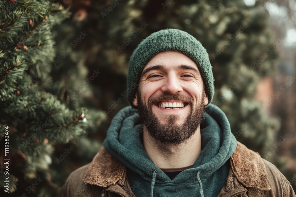 Smiling man in warm clothing surrounded by evergreen trees during winter Smiling man in warm clothing surrounded by evergreen trees during winter
