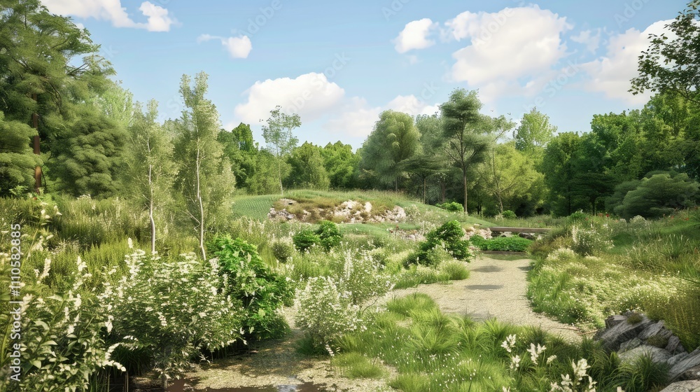 Tranquil Scene with a Secret Grove of Flourishing Green, Embracing Nature's Waste Recycling: A Display of the Ecosystem's Renewal. Tranquil Scene with a Secret Grove of Flourishing Green, Embracing Nature's Waste Recycling: A Display of the Ecosystem's Renewal.
