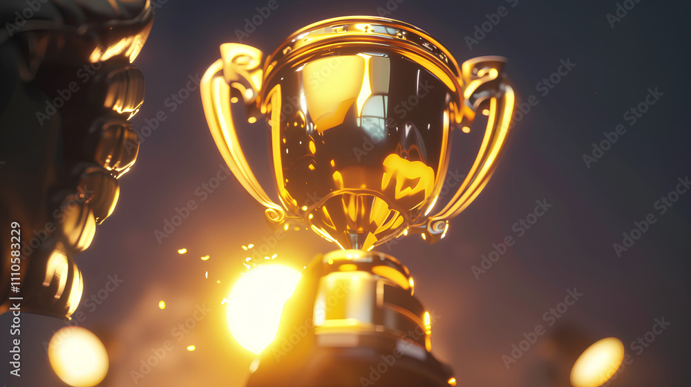golden trophy shining brightly against the dark gray background, held by an animated hand with black gloves and a bright light, symbolizes success or victory in sports events golden trophy shining brightly against the dark gray background, held by an animated hand with black gloves and a bright light, symbolizes success or victory in sports events