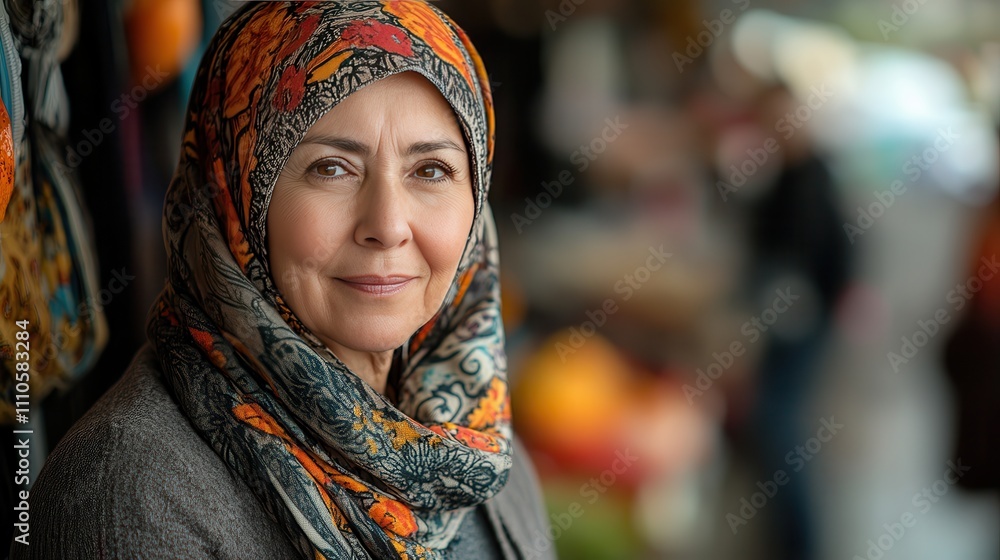 Portrait of a Middle-Aged Woman with a Colorful Scarf in a Bustling Marketplace, Capturing the Essence of Culture and Connection in Everyday Life Portrait of a Middle-Aged Woman with a Colorful Scarf in a Bustling Marketplace, Capturing the Essence of Culture and Connection in Everyday Life
