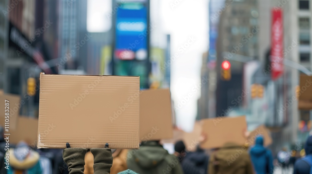Fototapeta premium Group of people holding blank signs in peaceful protest, unified stance and determination, ample copy space for text or design.