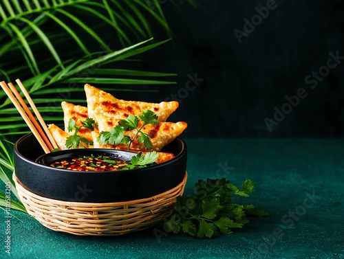 Vietnamese banh gio, pyramidshaped rice flour dumplings with pork filling, plated with chili sauce and herbs photo