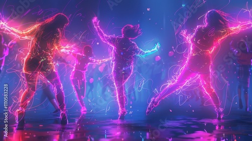 Vibrant dancers illuminated by neon lights create a dynamic, energetic atmosphere, showcasing the joy of movement and celebration.