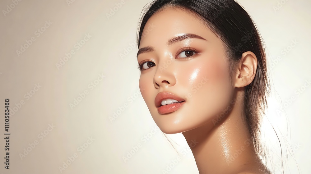A closeup portrait of a young woman with flawless skin. A closeup portrait of a young woman with flawless skin.