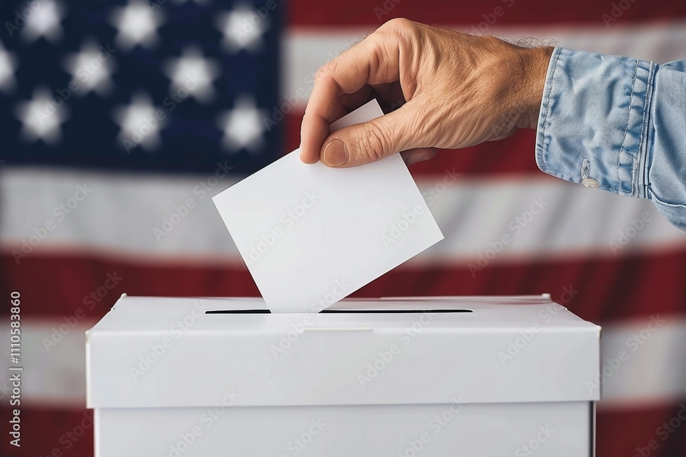 Hand Casting Ballot into Box with American Flag Background - Concept of Voting and Democracy Hand Casting Ballot into Box with American Flag Background - Concept of Voting and Democracy