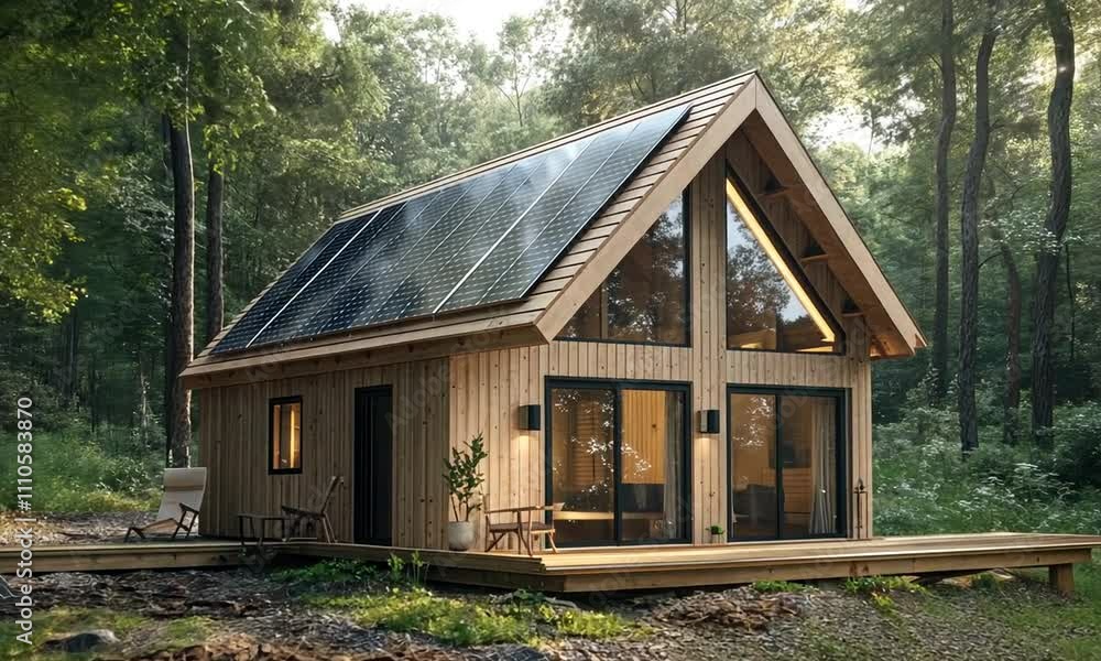 Modern cabin in forest with solar panels and large windows Modern cabin in forest with solar panels and large windows