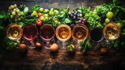 Tableau sur toile  Wine Tasting  Red  White   Ros  Wine Glasses with Grapes   Greens  © RAKSIWAH