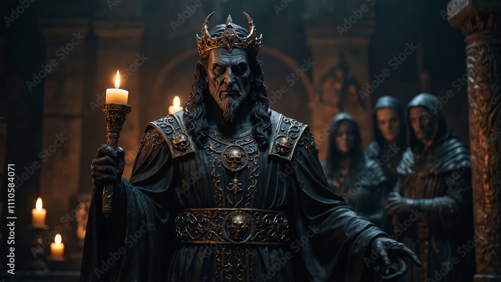 Hades, the God of the Underworld statue, dressed in a black robe and holding an underworld scepter, with souls of the dead and eerie underworld scenes, with life and death symbols carved on the base. Hades, the God of the Underworld statue, dressed in a black robe and holding an underworld scepter, with souls of the dead and eerie underworld scenes, with life and death symbols carved on the base.