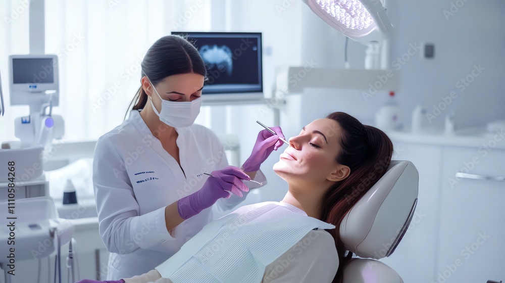 A female dentist examines a patient's teeth. A female dentist examines a patient's teeth.