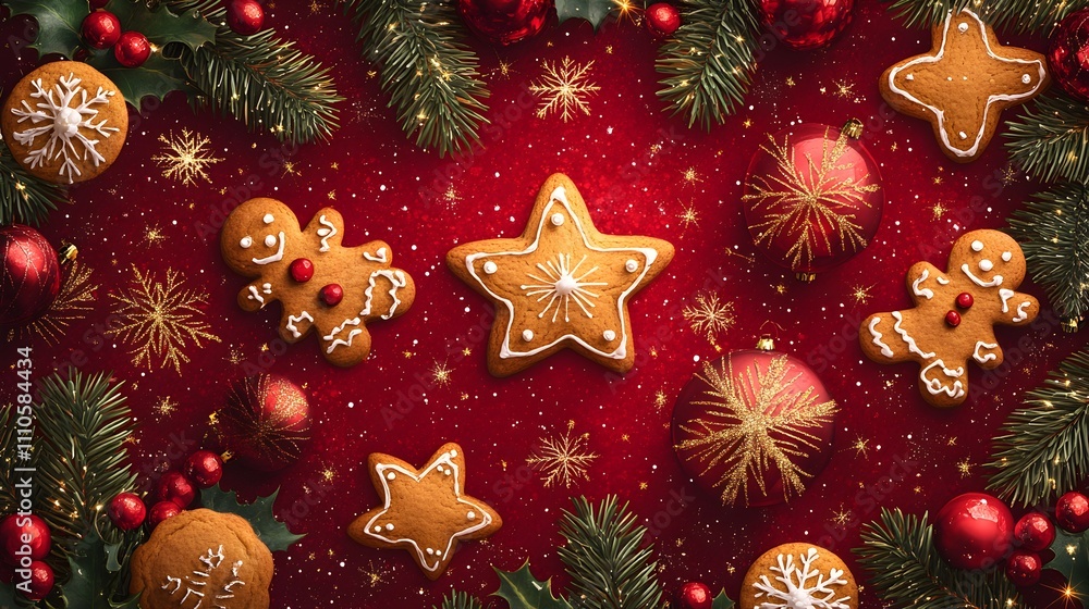 Gingerbread Christmas Star: Gingerbread stars and men, red baubles, holly, and sparkling snowflakes create a festive Christmas scene on a red background. Gingerbread Christmas Star: Gingerbread stars and men, red baubles, holly, and sparkling snowflakes create a festive Christmas scene on a red background.