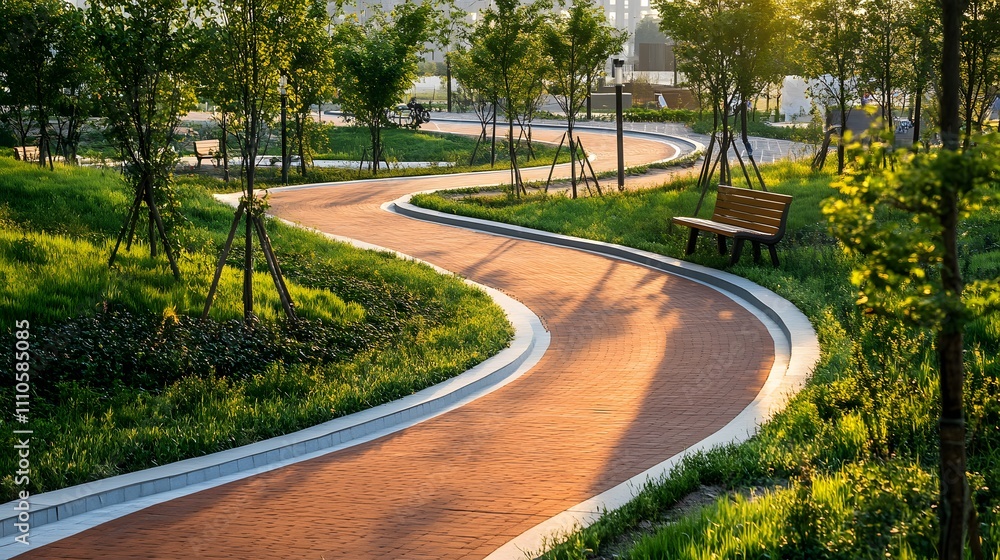 Obraz premium A newly constructed bike path winding through a landscaped urban area with small trees and benches