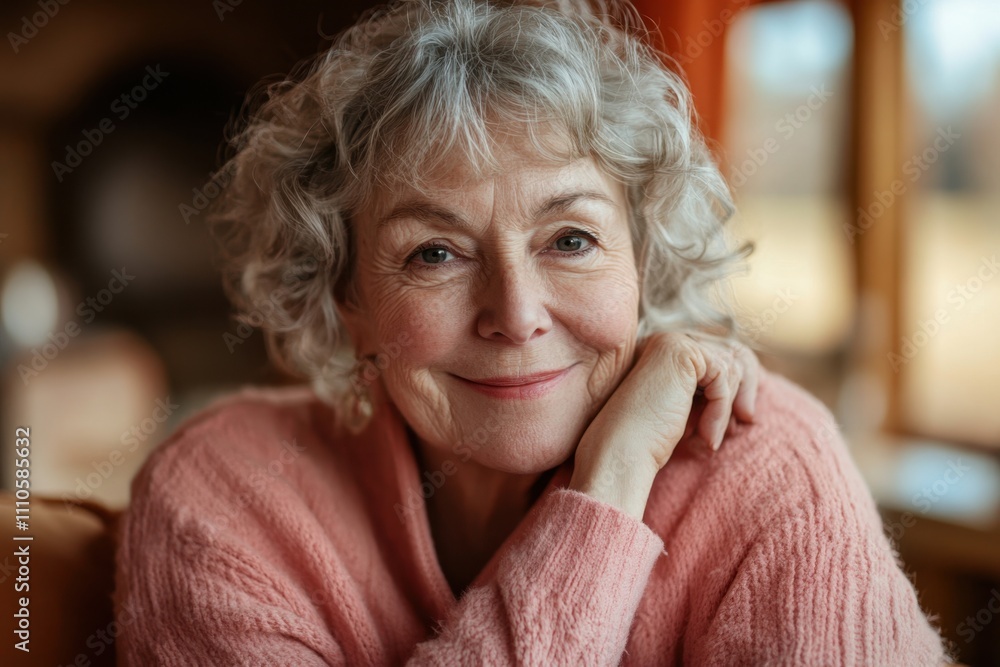 Elderly woman with curly hair smiles warmly while resting her chin on her hand indoors Elderly woman with curly hair smiles warmly while resting her chin on her hand indoors