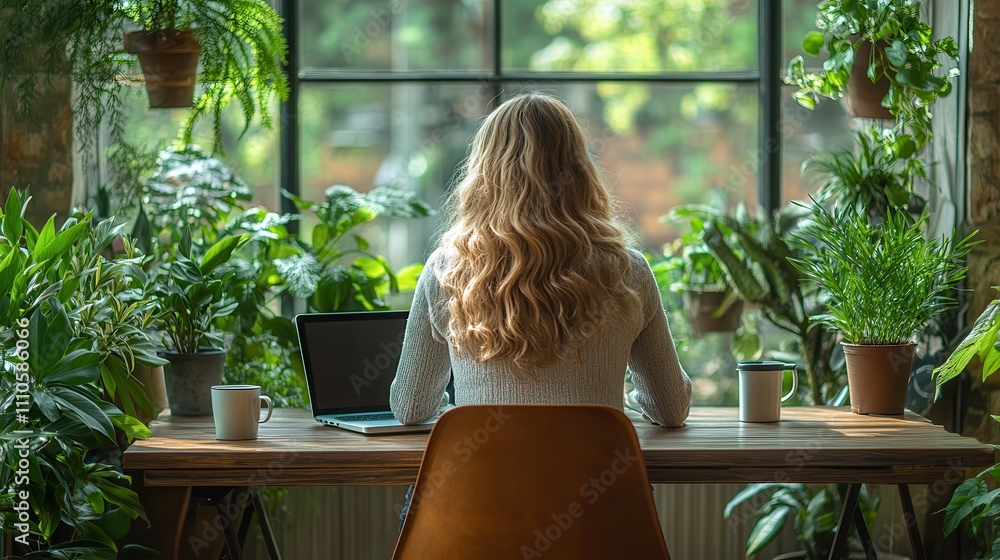 Serene Workspace with Lush Green Plants: A Woman Reflects in a Cozy Home Office Surrounded by Vibrant Indoor Foliage and Natural Light Serene Workspace with Lush Green Plants: A Woman Reflects in a Cozy Home Office Surrounded by Vibrant Indoor Foliage and Natural Light