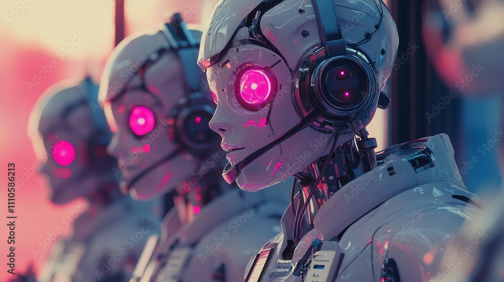 Fototapeta premium Next generation call center operators concept with humanoid robots weaing headsets with microphones ready to answer the next customer call