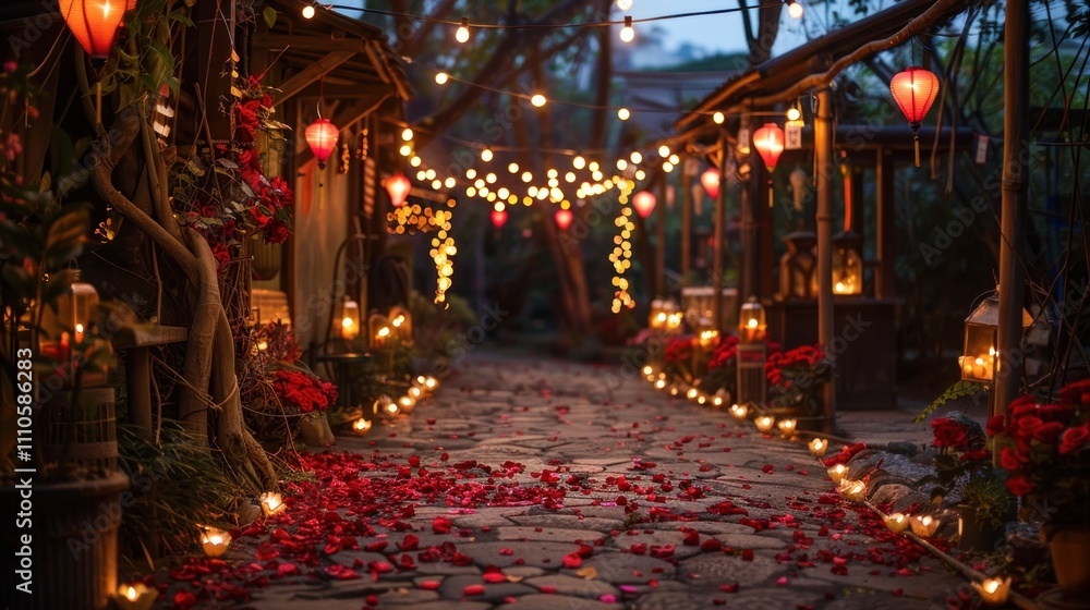 Enchanting pathway adorned with a dazzling display of glowing lanterns in a tranquil lush garden setting at night This magical scene evokes a sense of wonder romance and cultural tradition Enchanting pathway adorned with a dazzling display of glowing lanterns in a tranquil lush garden setting at night This magical scene evokes a sense of wonder romance and cultural tradition