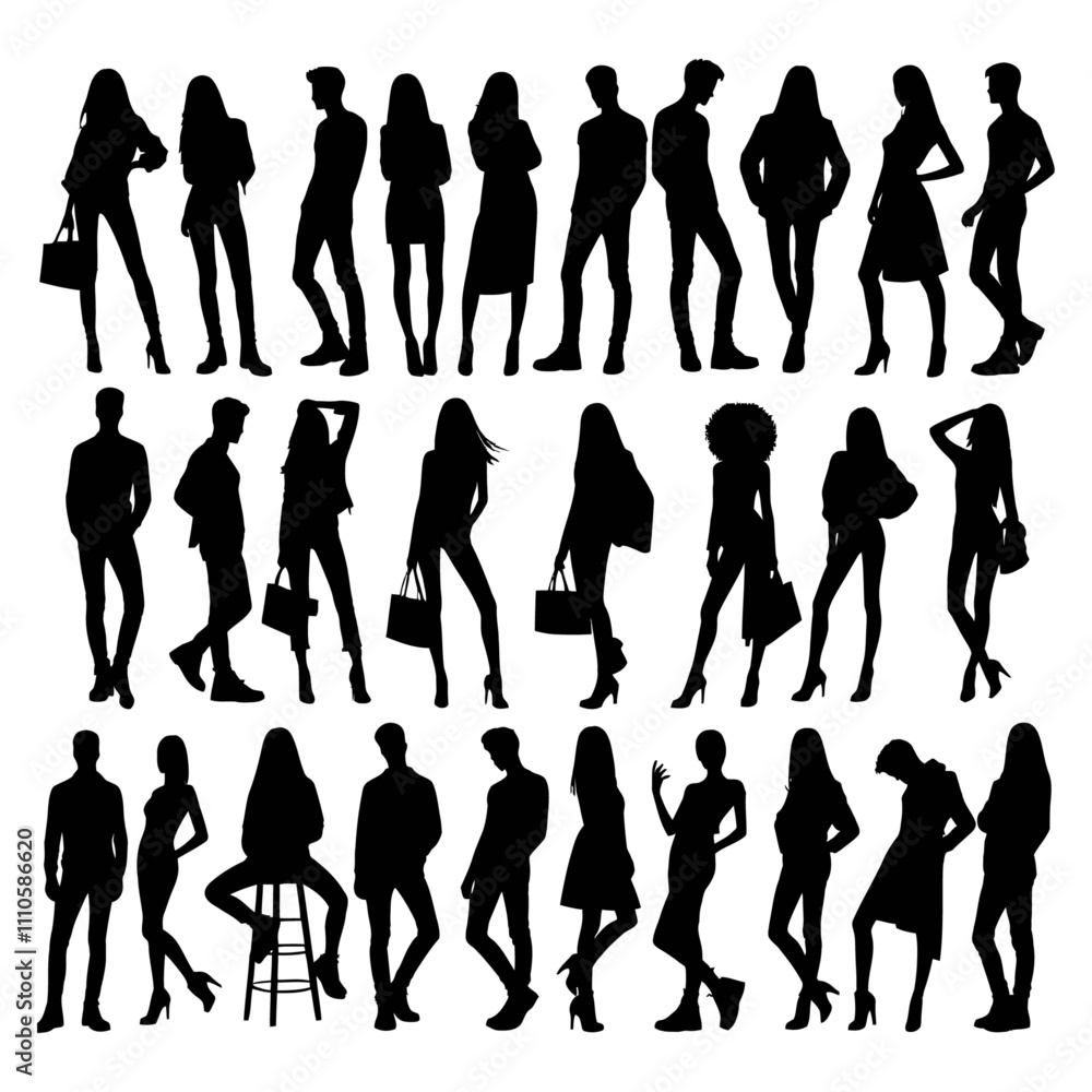 Obraz premium Different pose people silhouette vector