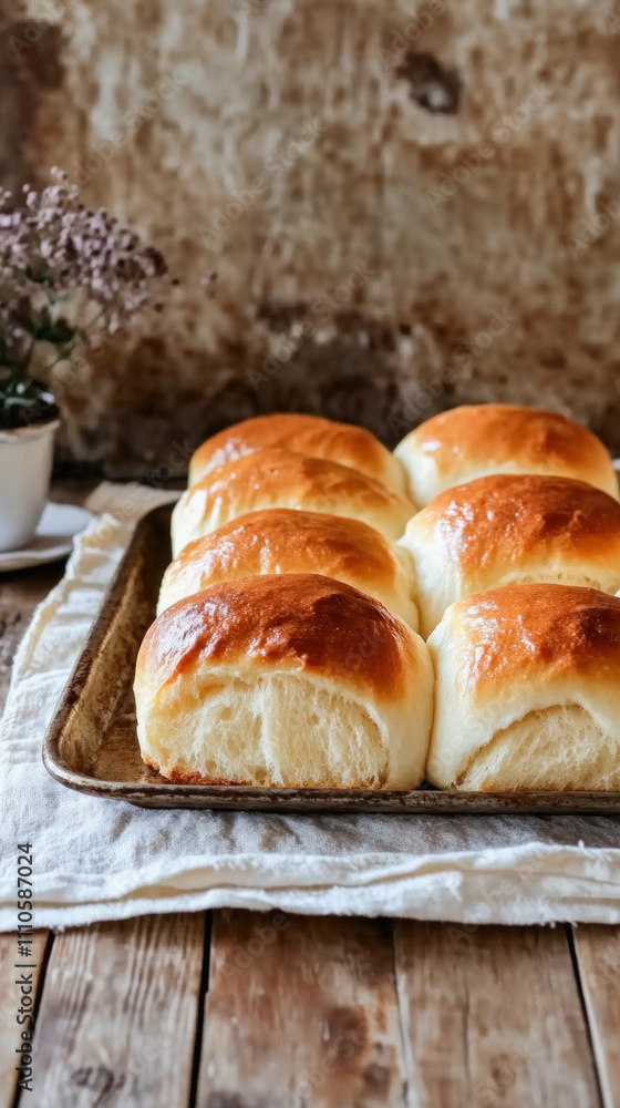 Freshly baked homemade soft bread rolls resting on baking tray