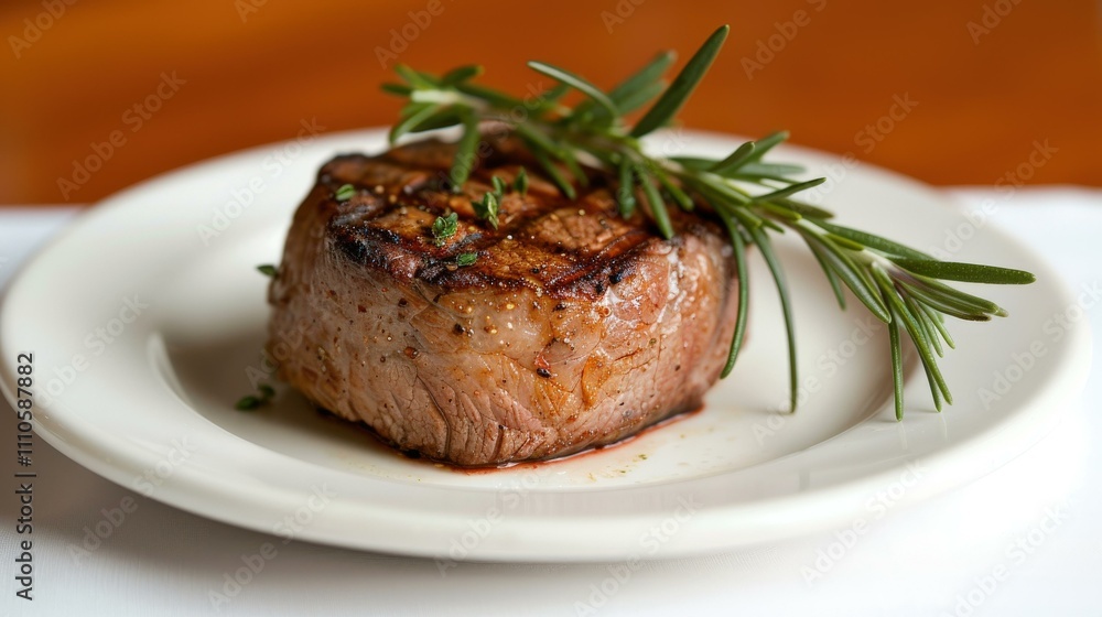 Grilled Filet Mignon, tender cut with a rosemary sprig in Fine dining table with elegant plating, Meat photography Grilled Filet Mignon, tender cut with a rosemary sprig in Fine dining table with elegant plating, Meat photography