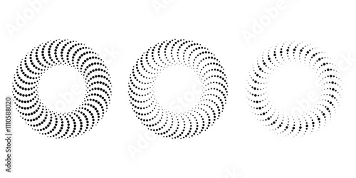 Set of black dotted shapes in circle form. Geometric art. Halftone dots. Trendy design element for logo, tattoo, sign, symbol, web, prints, posters, social media, template, pattern, background