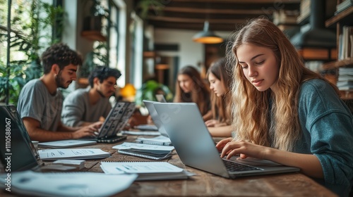 Young people focused on their laptops in a cozy cafe, showcasing teamwork, creativity, and modern technology in a vibrant study environment surrounded by plants and books.