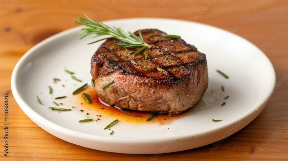 Grilled Filet Mignon, tender cut with a rosemary sprig in Fine dining table with elegant plating, Meat photography Grilled Filet Mignon, tender cut with a rosemary sprig in Fine dining table with elegant plating, Meat photography