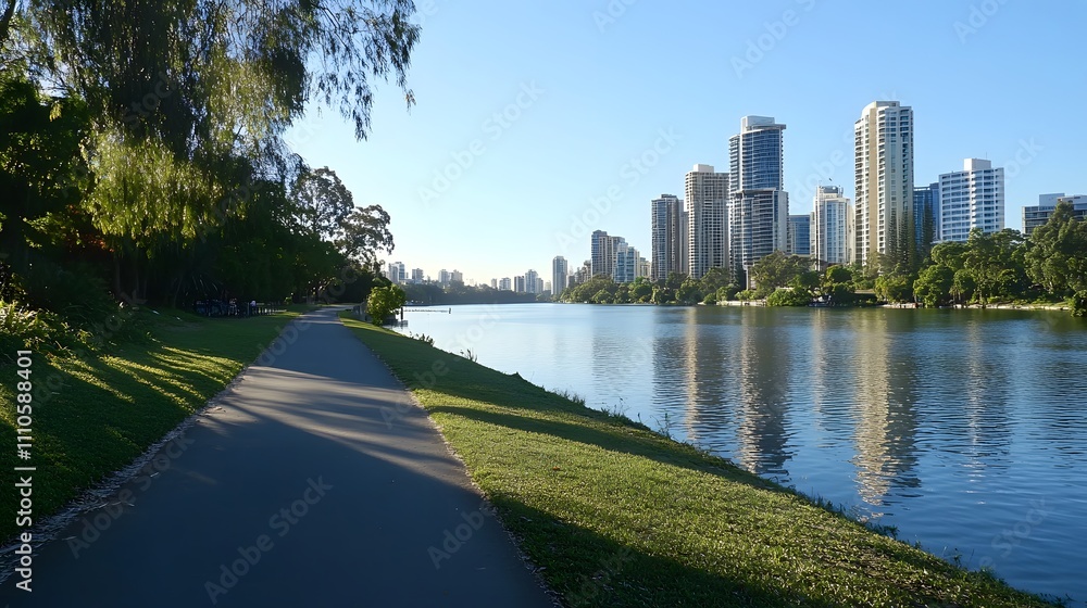 A scenic bike path stretching along a calm riverbank with city skyscrapers in the background A scenic bike path stretching along a calm riverbank with city skyscrapers in the background