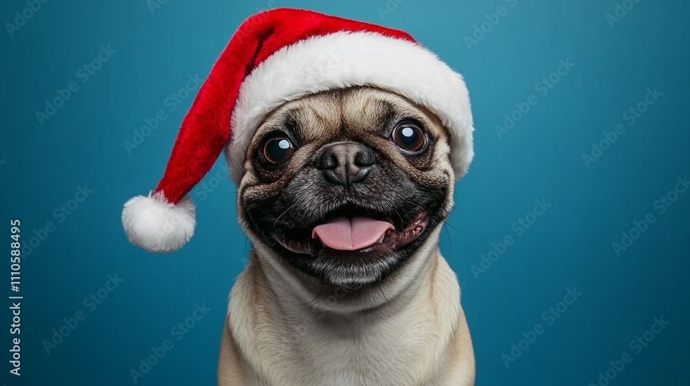 Very happy dog wearing Santa hat on blue background
Very happy dog wearing Santa hat on blue background
