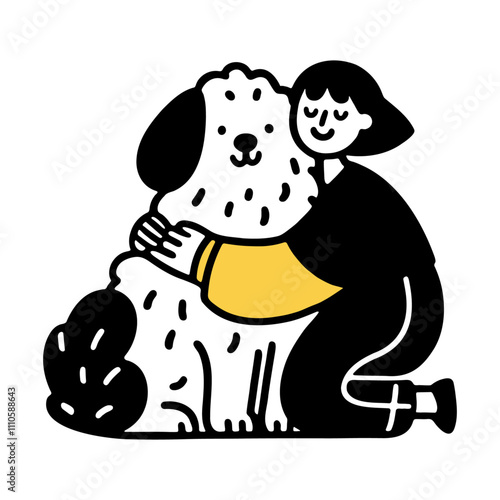 girl hugging a fluffy dog simple doodle illustration