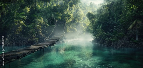 A narrow bridge crossing a crystal-clear river, surrounded by dense, emerald-green tropical rainforest. Mist rises gently over the water as early morning sunlight filters through the canopy.
