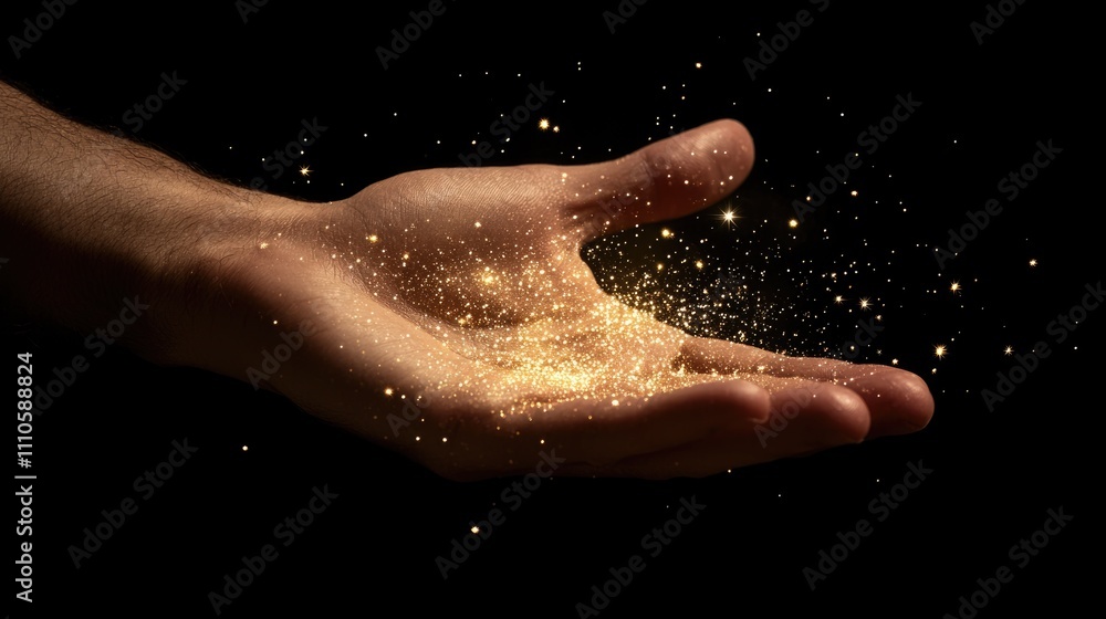 Fototapeta premium Male Hand Cradling Magic Light: A Cosmic Burst of Sparkles and Stars for an Anniversary Celebration