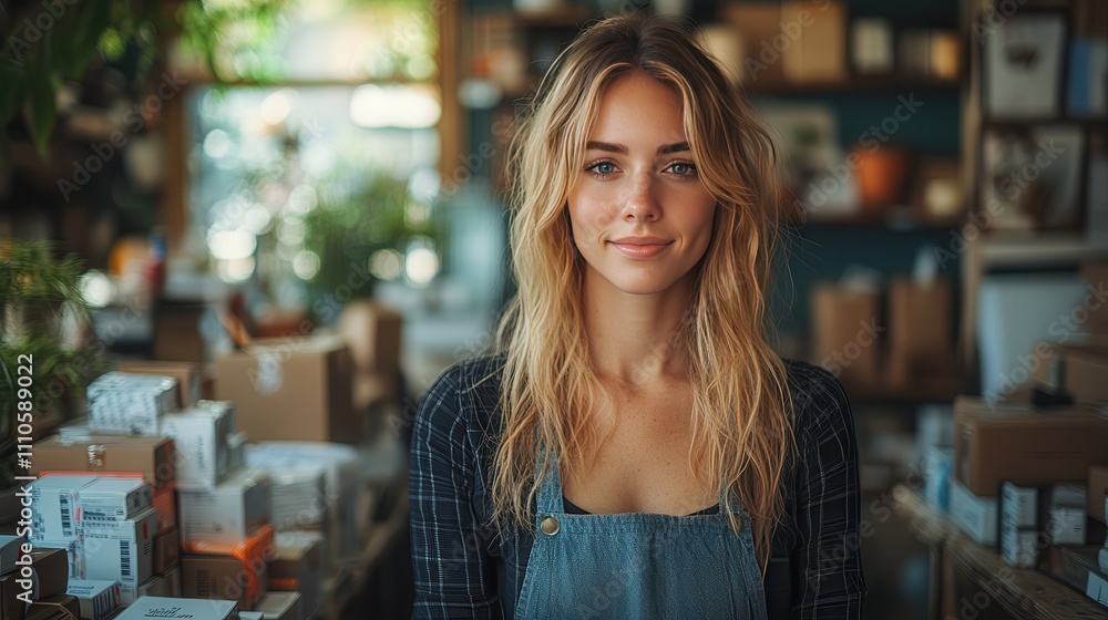 Young Woman in a Cozy Shop Surrounded by Packed Boxes and Greenery, Exuding Warmth and Creativity in a Charming, Personalized Shopping Space