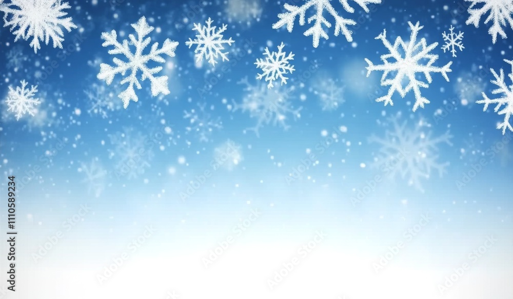 Falling snowflakes on light blue gradient with bokeh backdrop. Falling snowflakes on light blue gradient with bokeh backdrop.