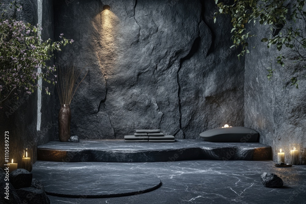 Fototapeta premium Tranquil Spa Ambiance with Grey Stones and Natural Elements for a Serene Health Experience