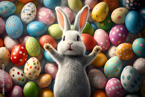 Cheerful Easter Bunny with a Basket of Vibrant Eggs photo