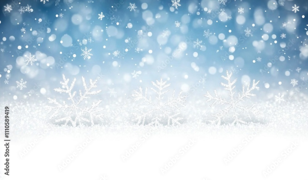 Falling snowflakes on light blue gradient with bokeh backdrop. Falling snowflakes on light blue gradient with bokeh backdrop.