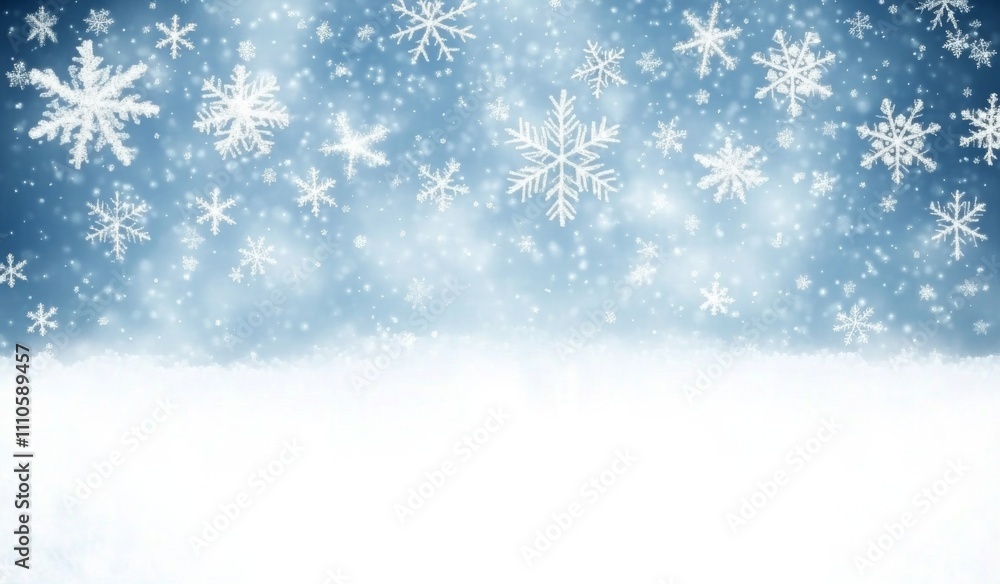 Falling snowflakes on light blue gradient with bokeh backdrop. Falling snowflakes on light blue gradient with bokeh backdrop.