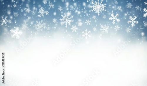 Falling snowflakes on light blue gradient with bokeh backdrop.