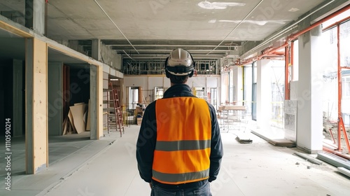 A construction worker in a safety vest observing a work site interior with bare walls and scaffolding. photo