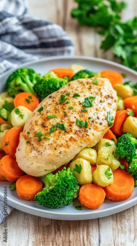 Roasted chicken breast with parsley and vegetables on a plate Roasted chicken breast with parsley and vegetables on a plate