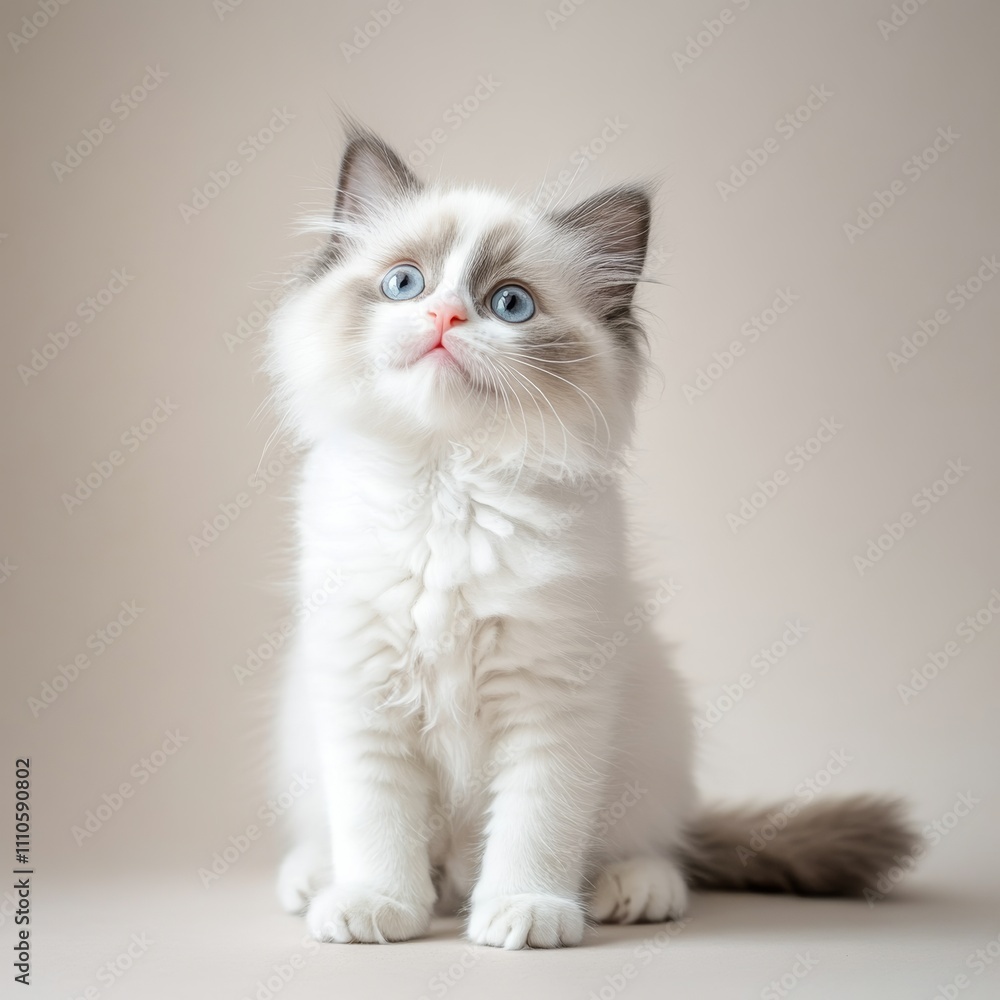 A happy Ragdoll kitten sitting upright with an alert expression, its soft grey and white fur perfectly groomed, isolated against a neutral backdrop A happy Ragdoll kitten sitting upright with an alert expression, its soft grey and white fur perfectly groomed, isolated against a neutral backdrop