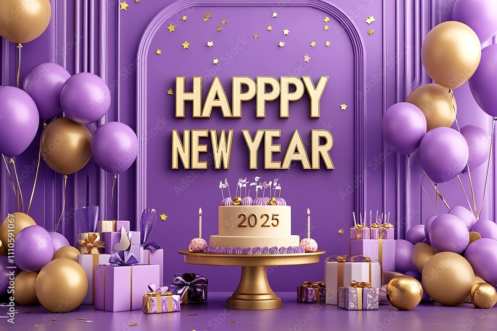Obraz premium Festive Golden 2025 Balloon Numbers with Shimmering Balloons – New Year Party Decoration for a Stylish Look 