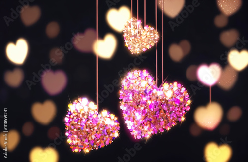 Romantic and festive look with sparkling pink and gold hearts on threads on a dark background. The hearts are illuminated with twinkling lights.