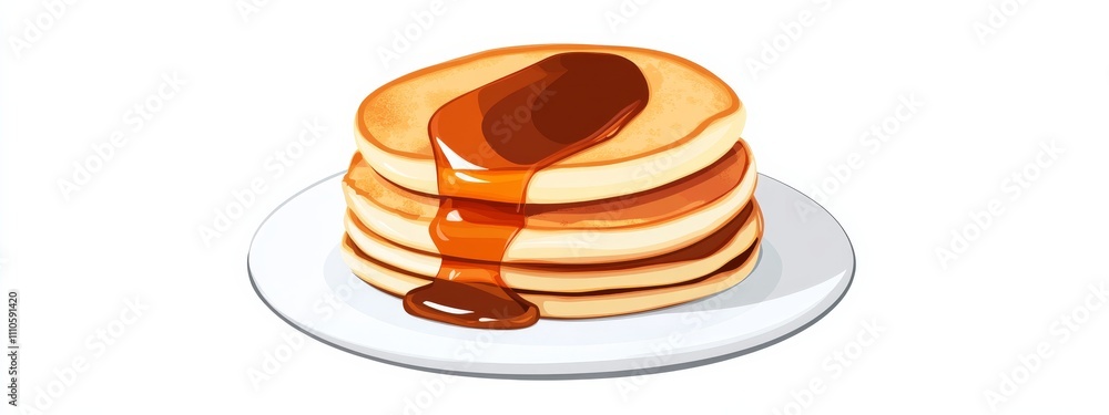 Fototapeta premium A stack of fluffy pancakes with a drizzle of caramel sauce, isolated white background, retro art style