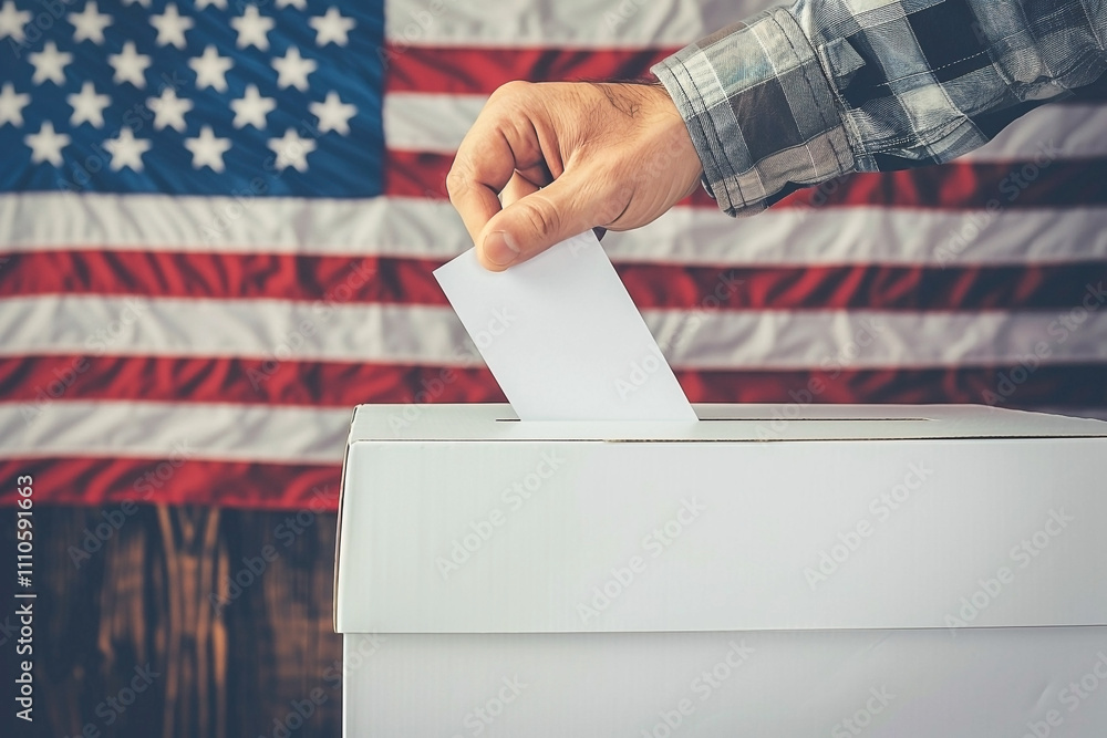 Hand Casting Ballot into Box with American Flag Background - Concept of Voting and Democracy Hand Casting Ballot into Box with American Flag Background - Concept of Voting and Democracy