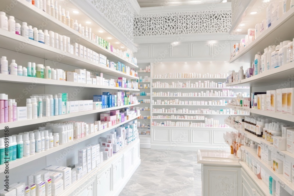 White pharmacy interior with shelves of medical products and colorful packaging, professional and inviting atmosphere. White pharmacy interior with shelves of medical products and colorful packaging, professional and inviting atmosphere.